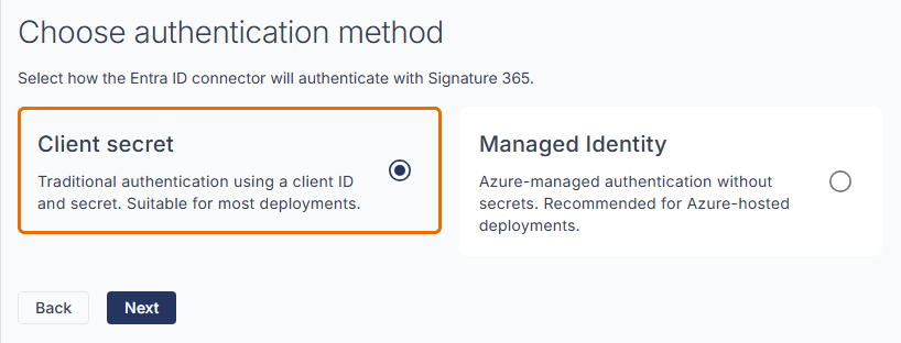 Choose authentication method screen with the client secret option selected and the Next button available.