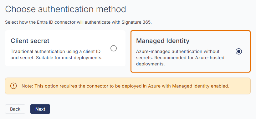 Choose authentication method screen with Managed Identity selected and the Next button available.