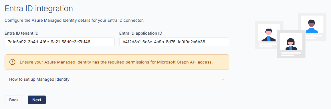 Entra ID integration page with fields for the Entra ID tenant ID and application ID.