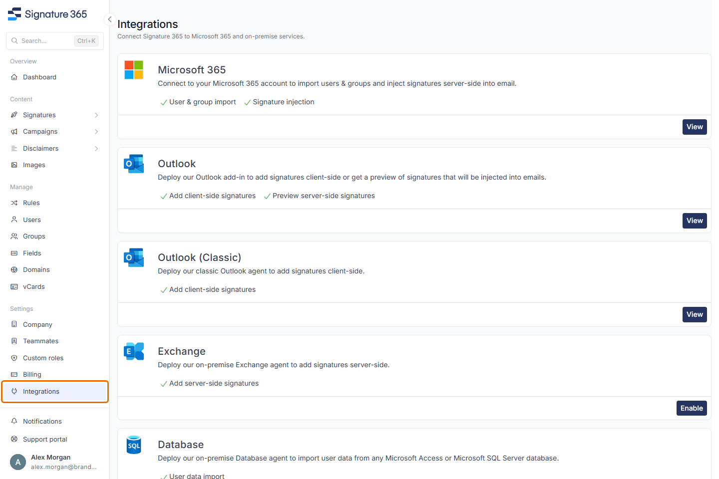The Integrations page listing the Microsoft 365, Outlook, Outlook (Classic) and Exchange cards, with Integrations highlighted in the sidebar.