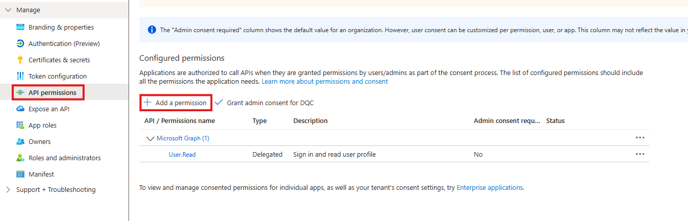 Azure app registration API access menu option