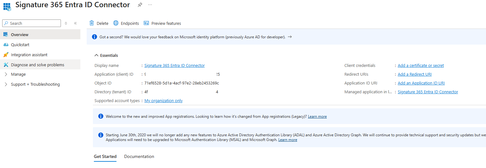 Azure app registration overview showing the Application (client) ID and Directory (tenant) ID
