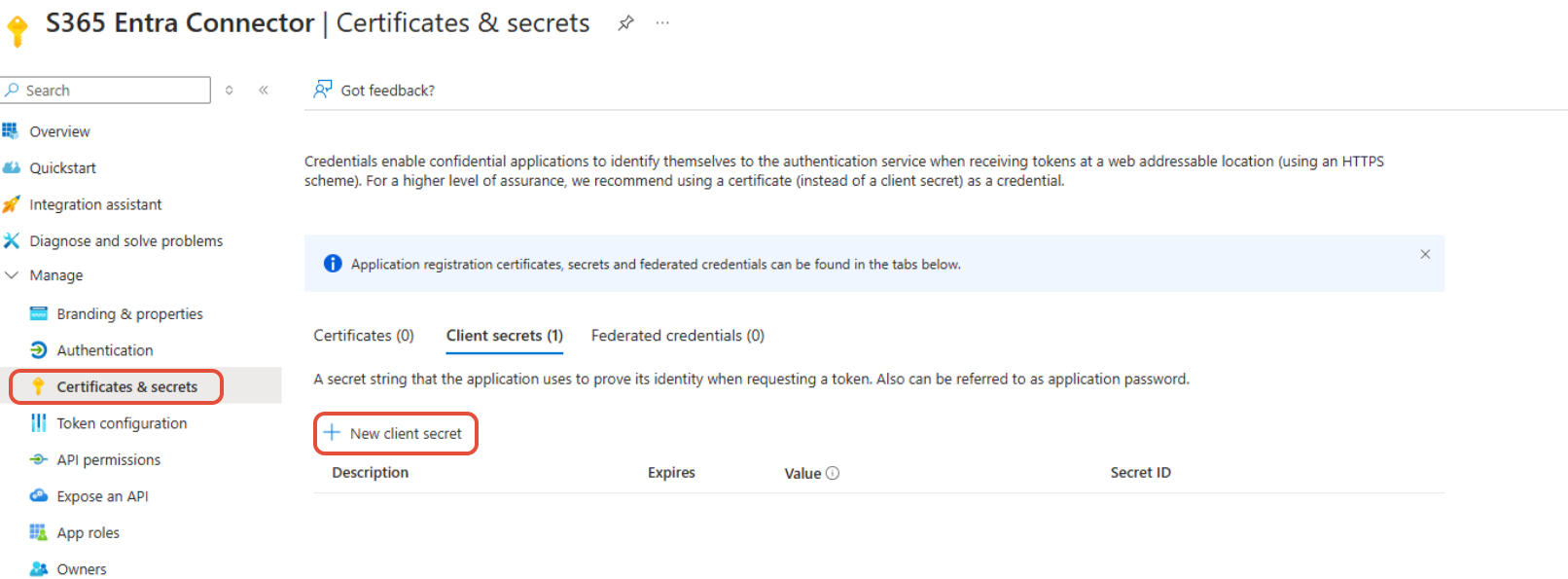 Azure Certificates and secrets page with the New client secret option