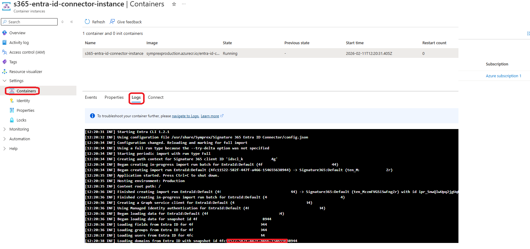 Azure Container Instance Logs tab showing users and groups being loaded from EntraID
