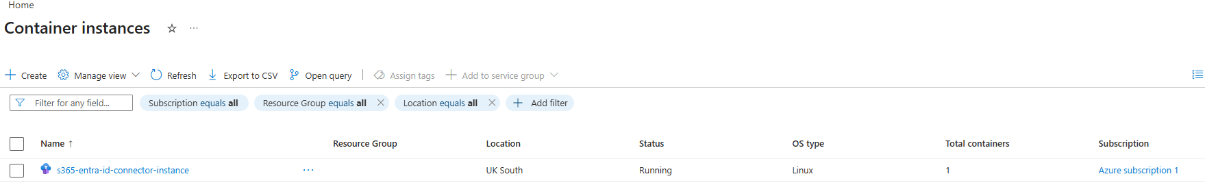 Azure Container Instances portal listing the deployed container