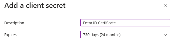 Azure new client secret form with description, expiry, and Add button