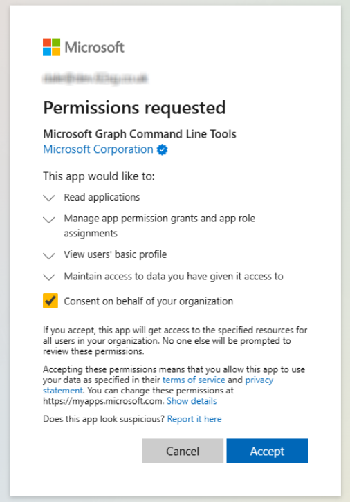 Azure permission consent prompt with Consent on behalf of your organisation checkbox selected