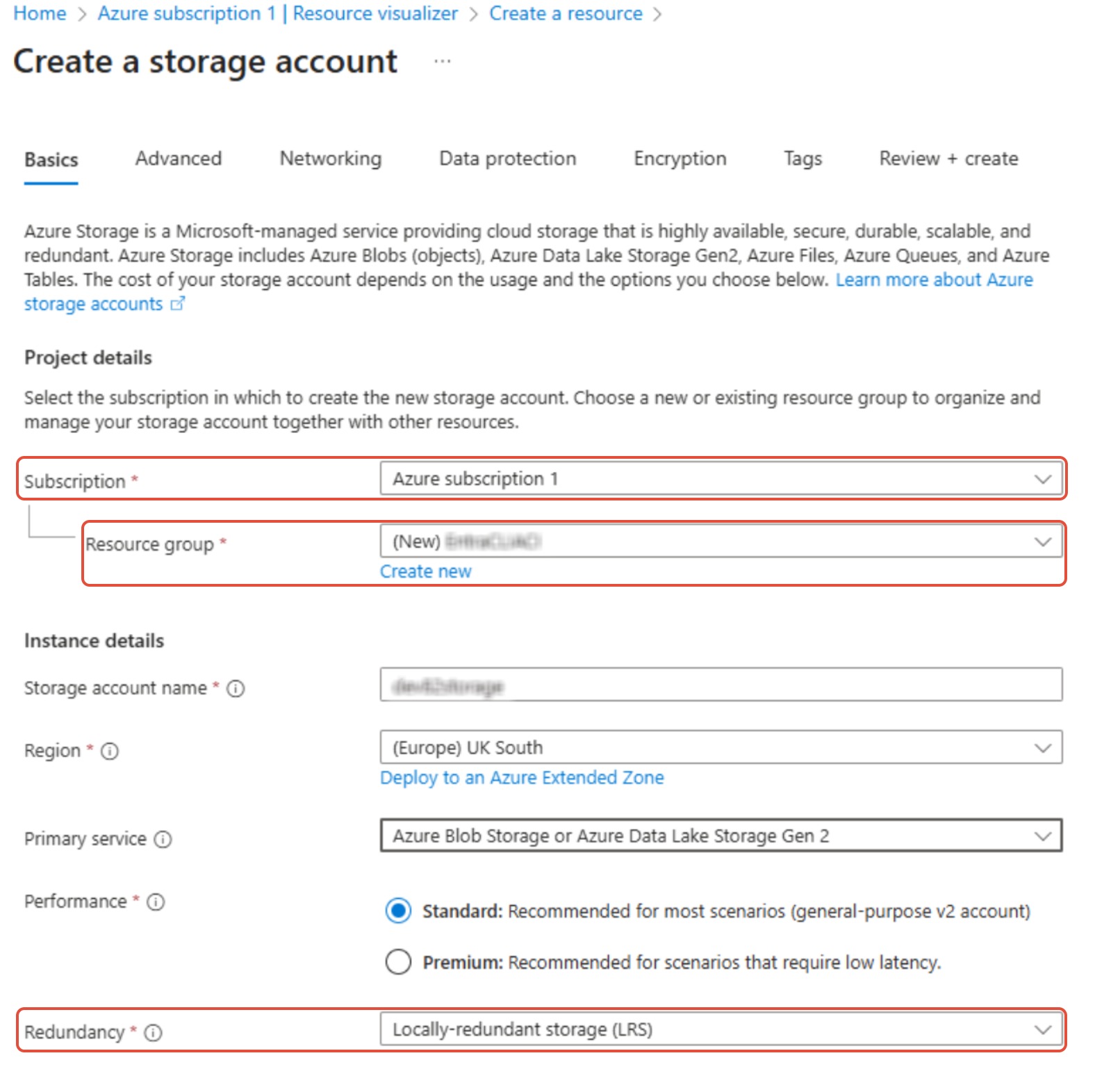 Azure Storage account creation form showing resource group selection