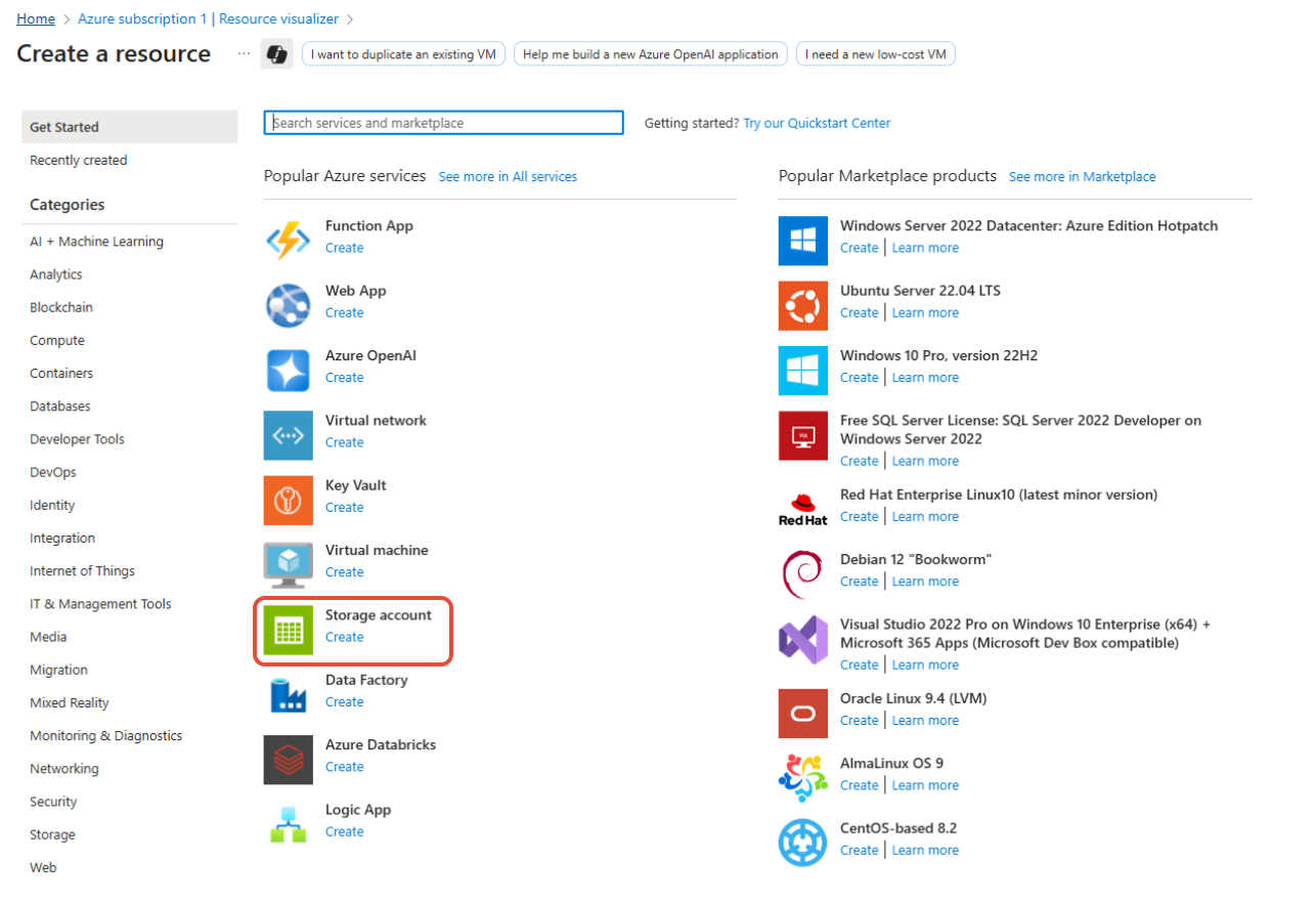 Azure Portal search results showing Storage account with the create option