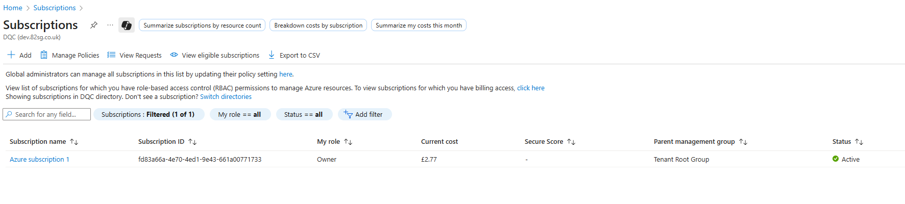 Azure Portal subscription selector for creating the container instance