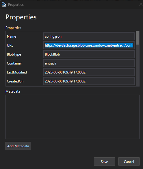 Azure Storage Explorer Blob Container properties showing the Blob URL