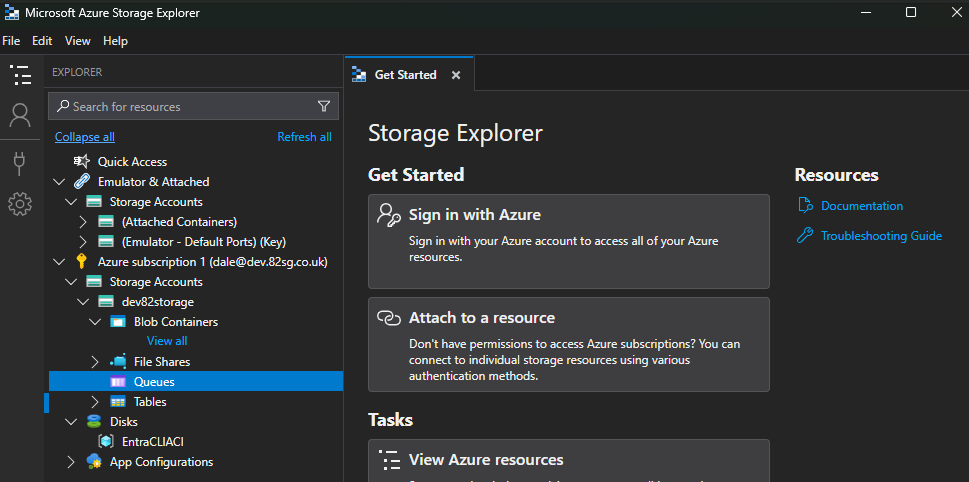 Azure Storage Explorer Storage Accounts list showing the previously created account