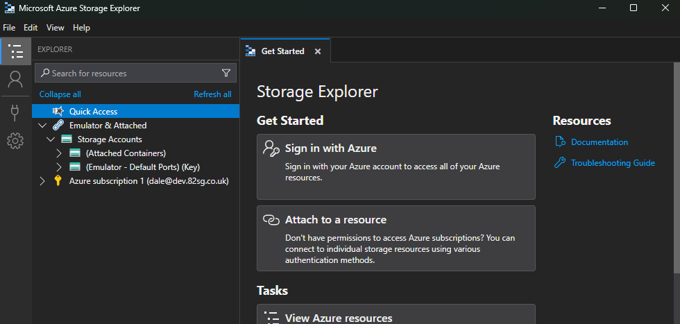 Azure Storage Explorer showing the subscription created previously