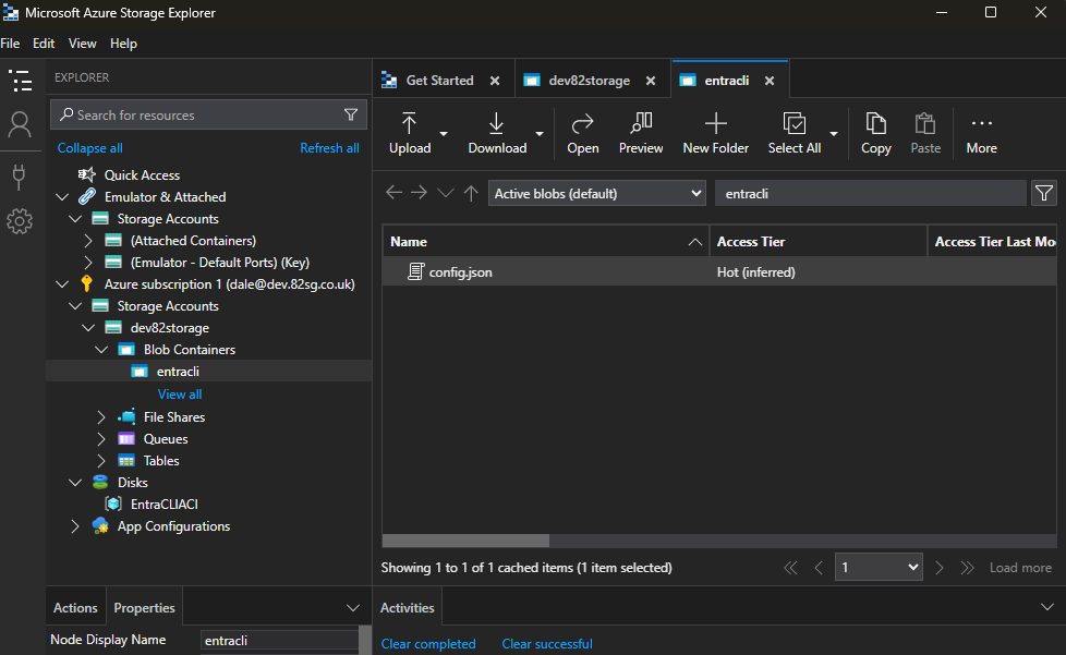 Azure Storage Explorer showing config.json uploaded to the Blob container