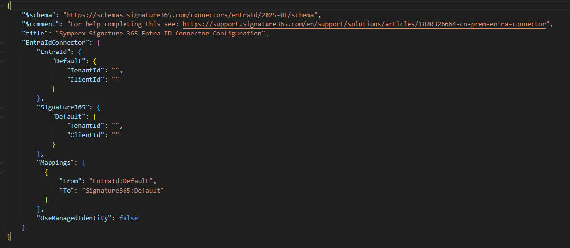 Default Entra ID connector configuration JSON file opened after installation