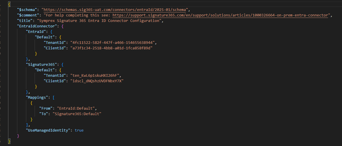 Default Entra ID connector configuration file listing EntraId and Signature 365 sections