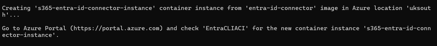 PowerShell output confirming the container instance has been created and started