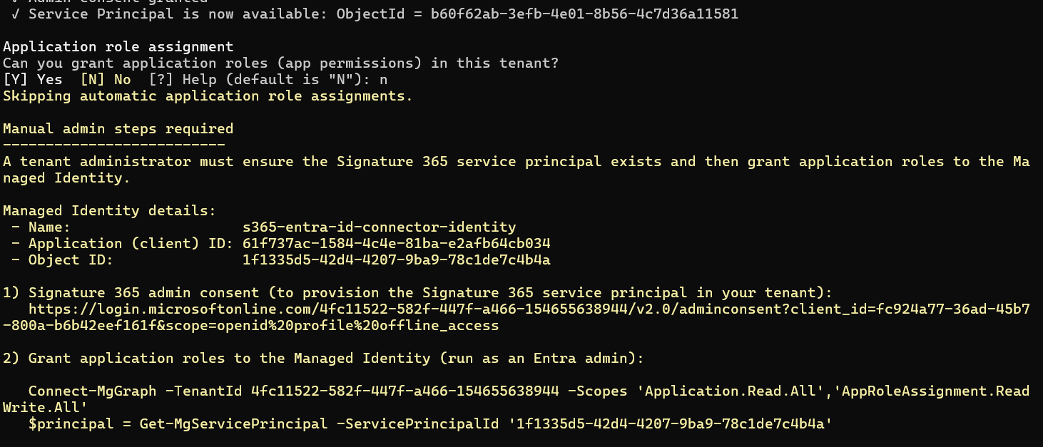 PowerShell prompt asking whether to assign the required application roles automatically