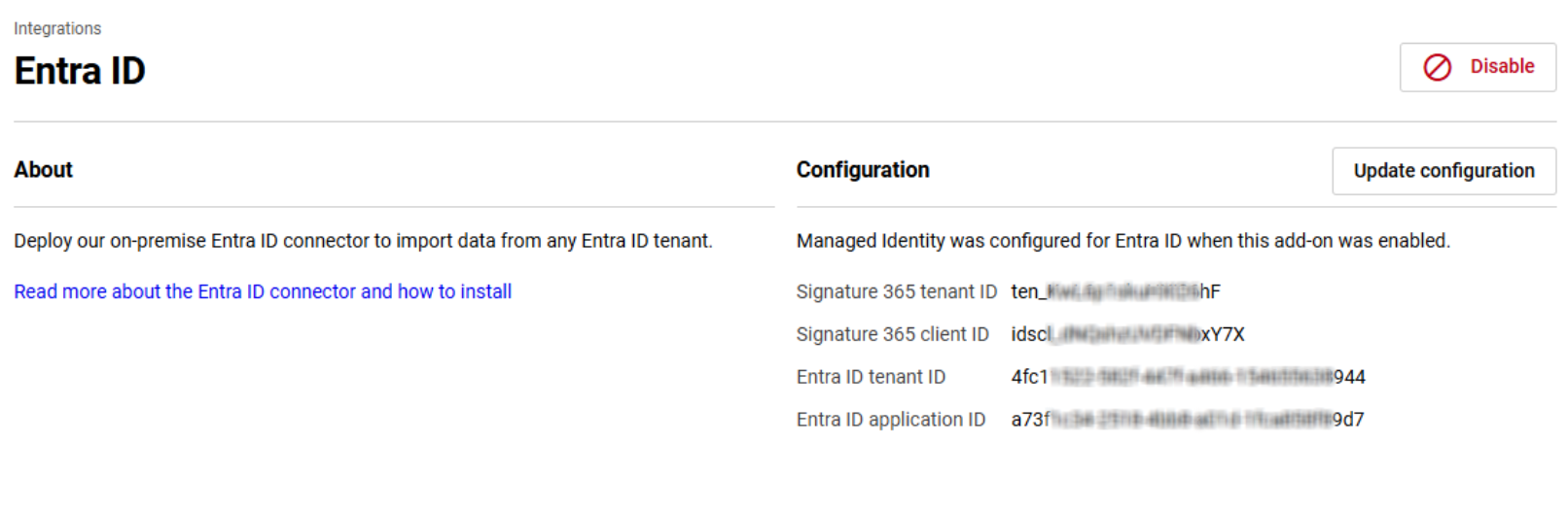 Signature 365 connector configuration showing the returned tenant, client, and application IDs