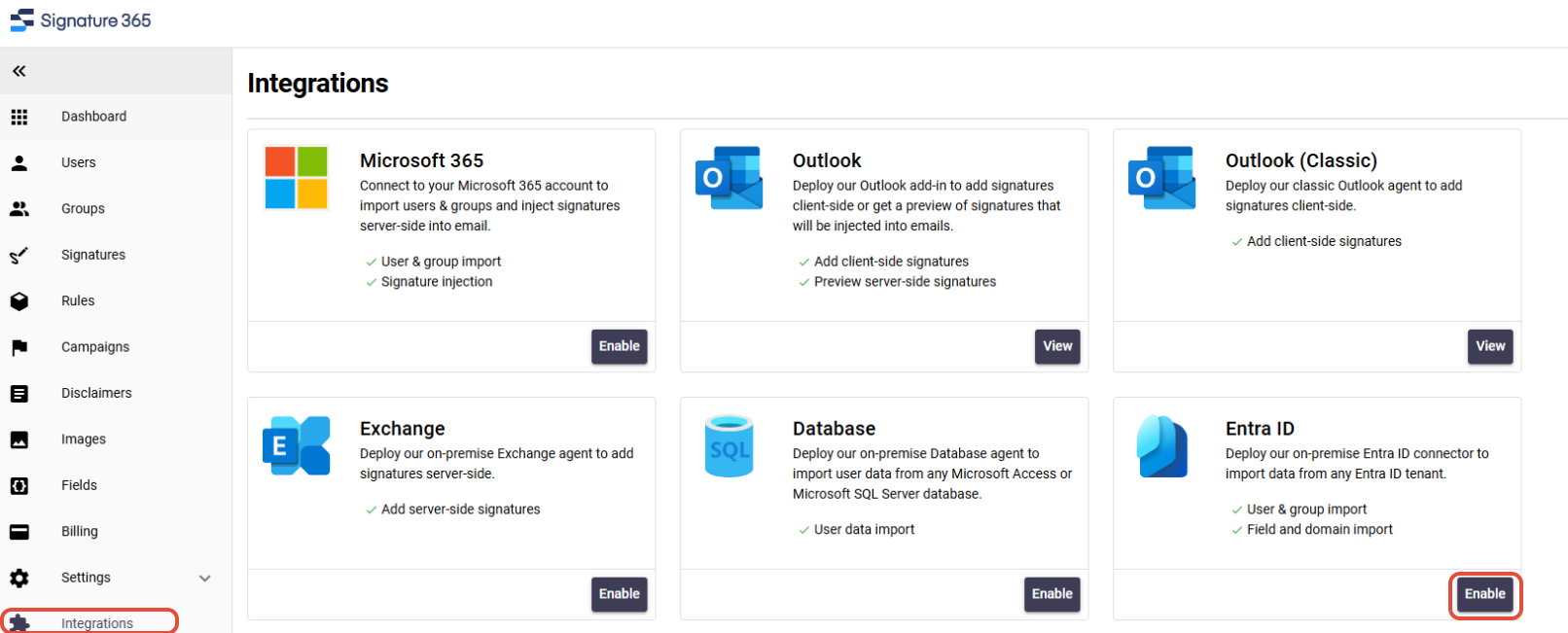Signature 365 Integrations page with the Enable option on the Entra ID card