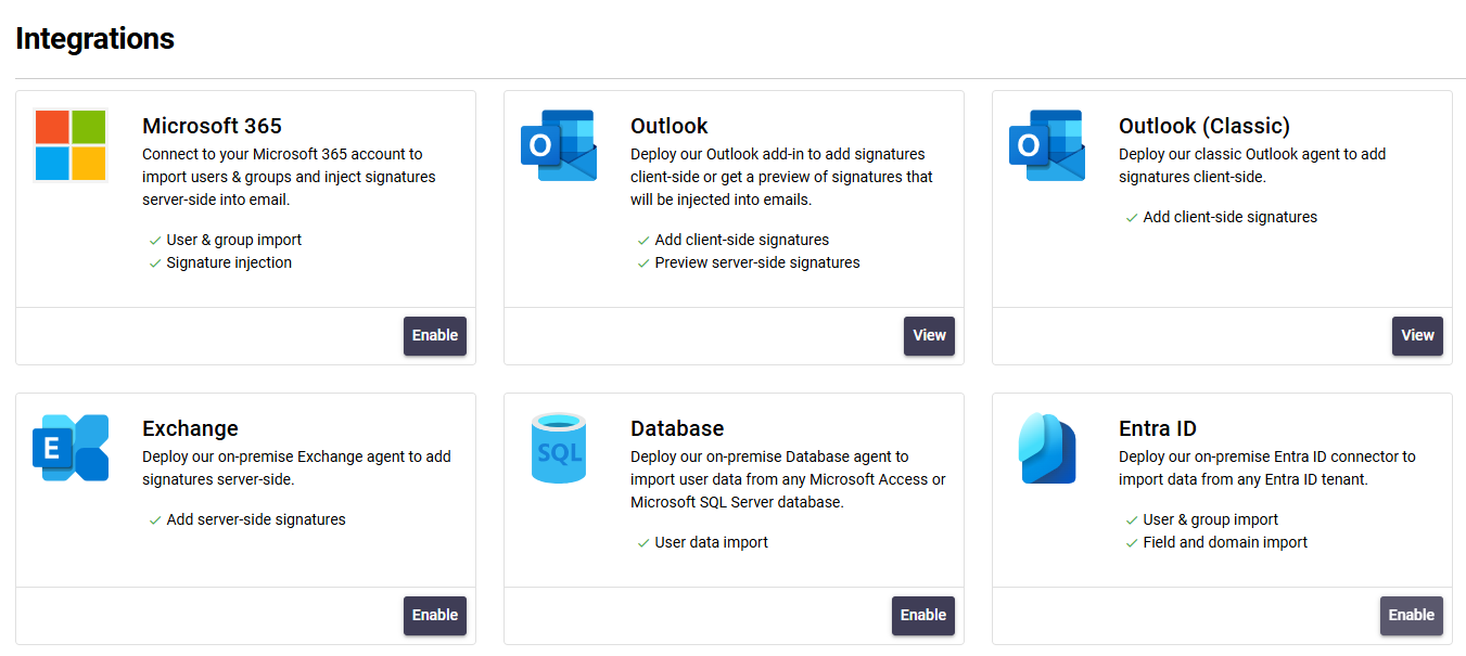Signature 365 portal Integrations page with the Entra ID connector option